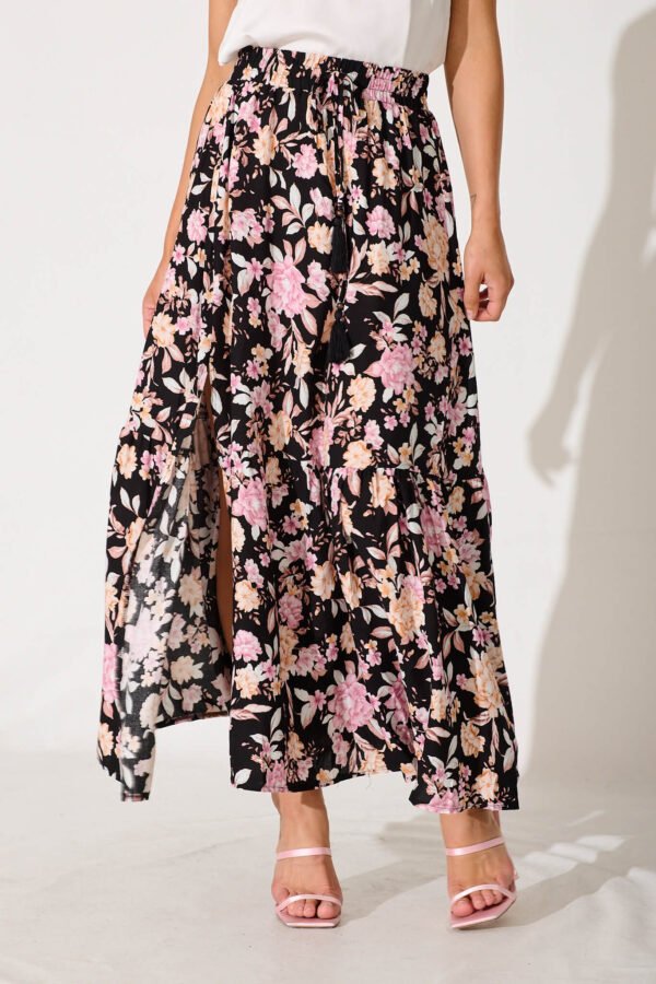 Maxi Skirt In Black With Blush Multi Floral