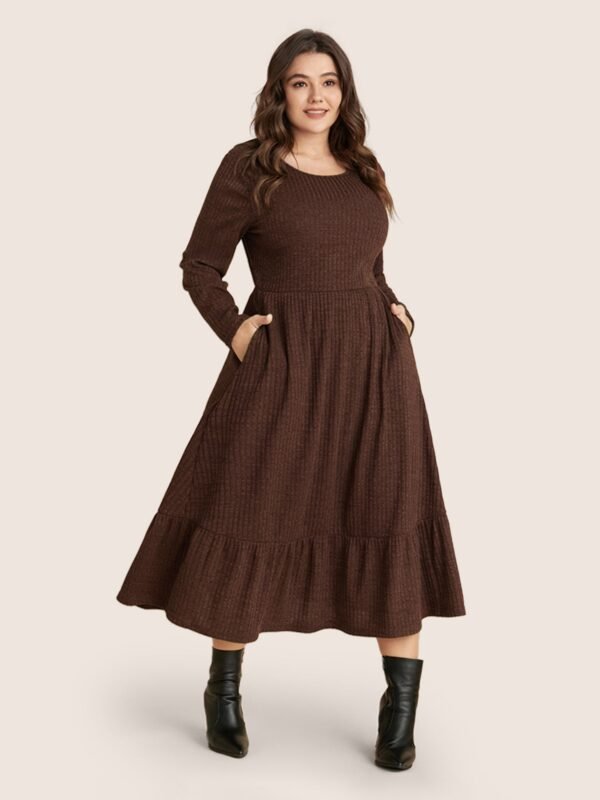 Solid Pocket Rib Knit Ruffle Hem Dress Without Belt - Image 47