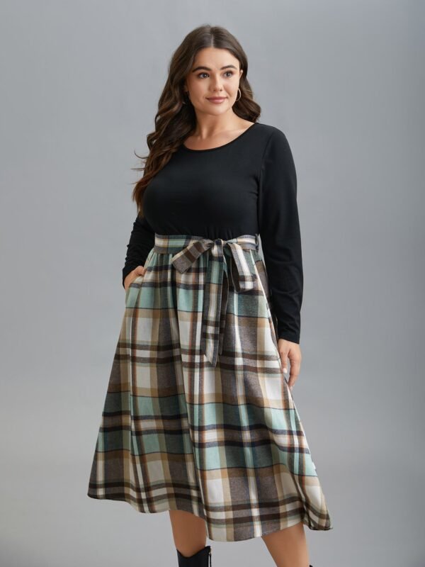 Plaid Patchwork Elastic Waist Belted Dress - Image 9