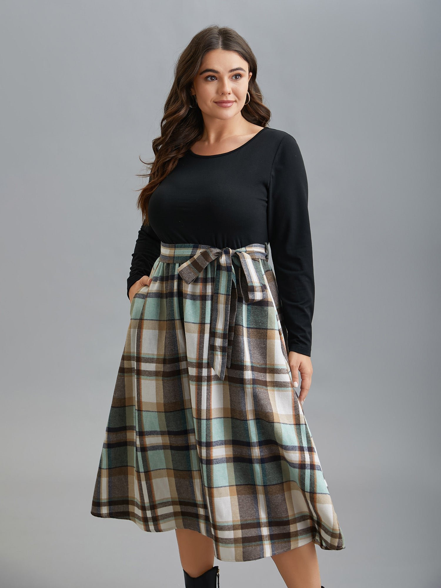 Plaid Patchwork Elastic Waist Belted Dress - Image 9