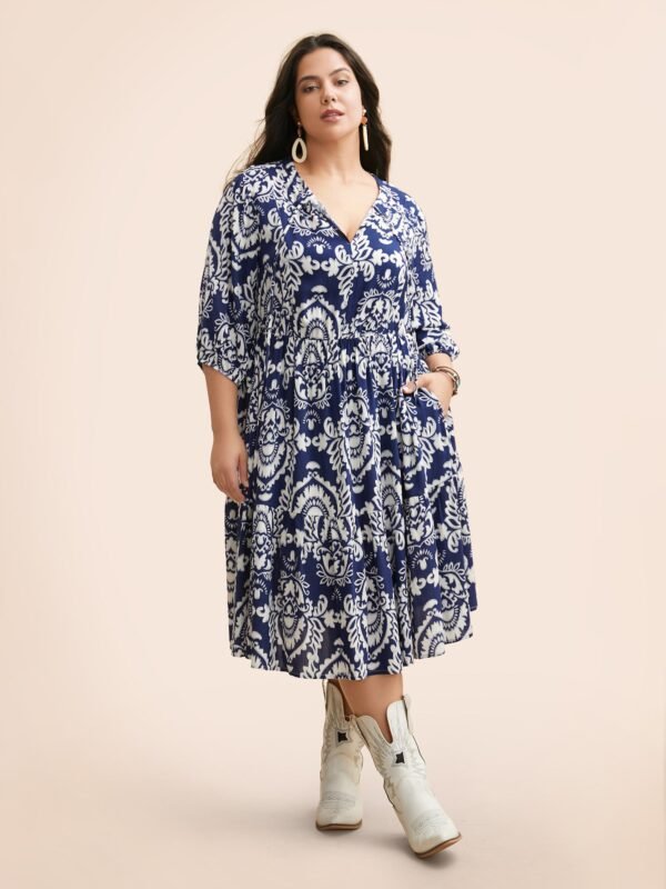 Boho Print Tie Knot Puff Sleeve Dress - Image 42