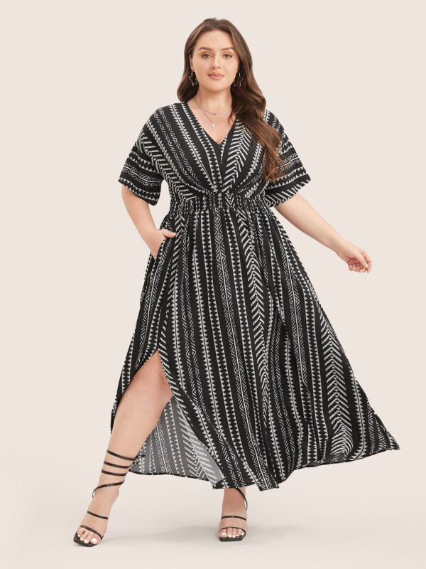 Solid Geometric Dolman Sleeve Pocket Shirred Split Hem Dress - Image 9