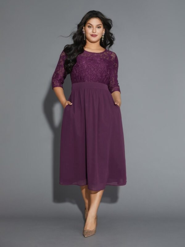 Lace Patchwork Shirred Midi Pocket Dress - Image 16