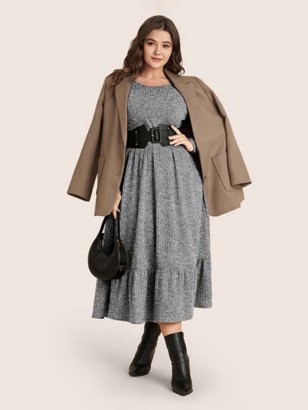 Solid Pocket Rib Knit Ruffle Hem Dress Without Belt - Image 60