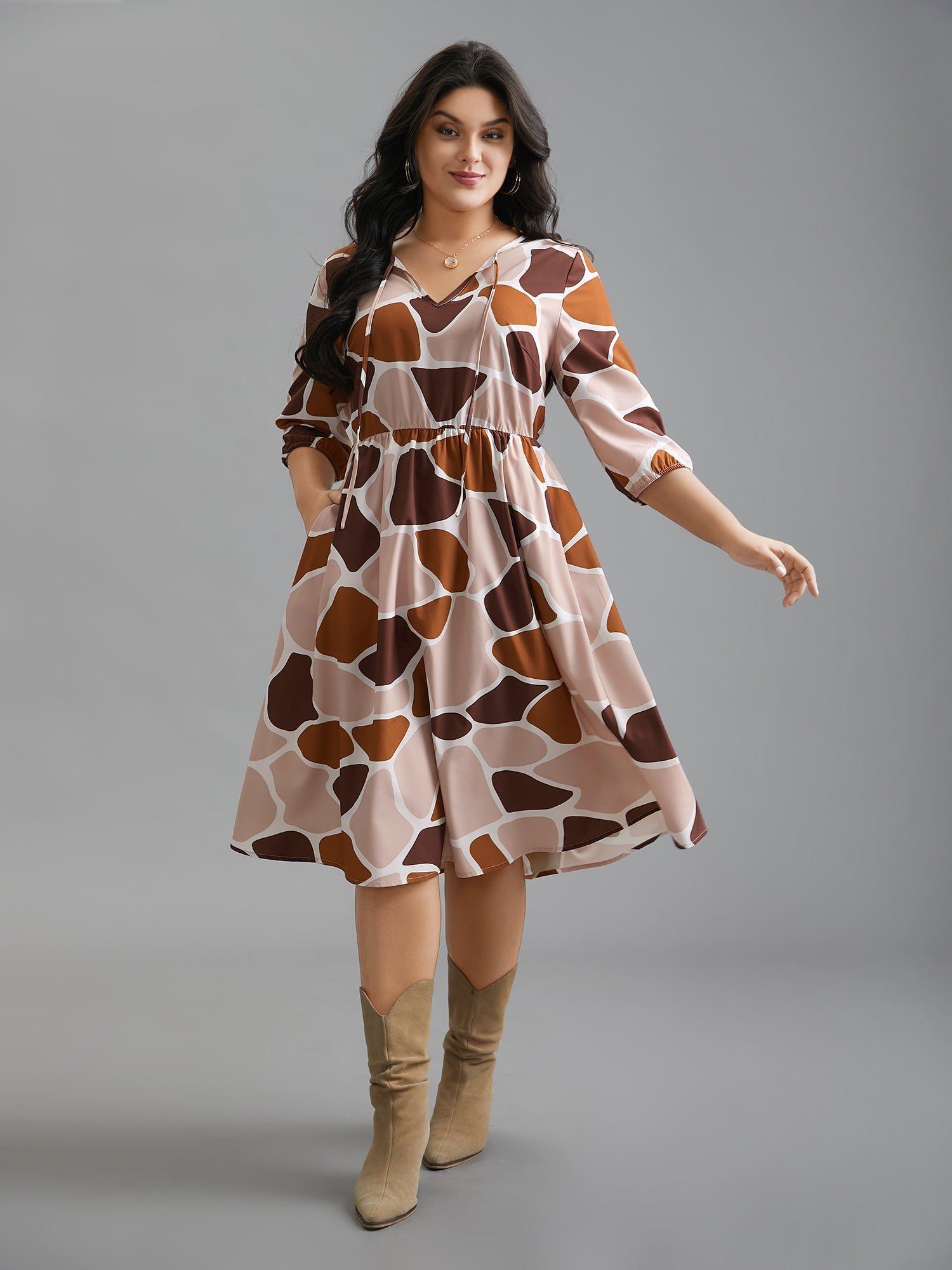Neck-Tie Color Block Waist Cinched  Dress - Image 3
