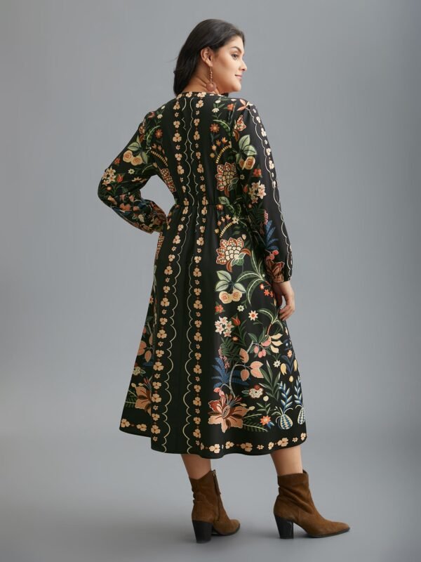 Floral Print Notched Collar Elastic Waist Dress - Image 4