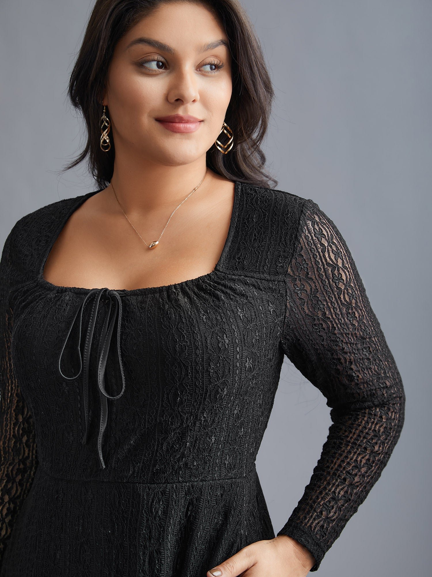 Lace Panel Square Neck Tie Knot Dress - Image 2