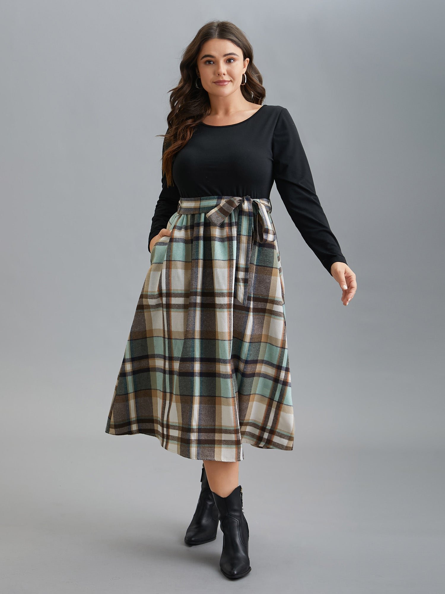 Plaid Patchwork Elastic Waist Belted Dress - Image 8