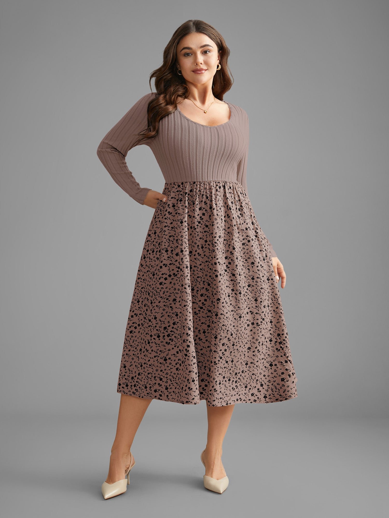 Ditsy Floral Patchwork Texture Midi Dress - Image 17