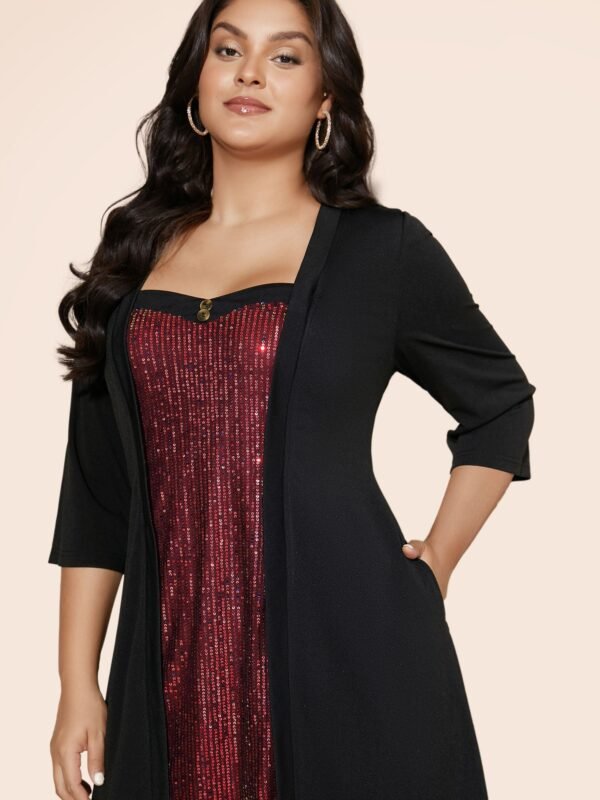 Heart Neckline Patchwork Sequin Button Detail Dress - Image 21