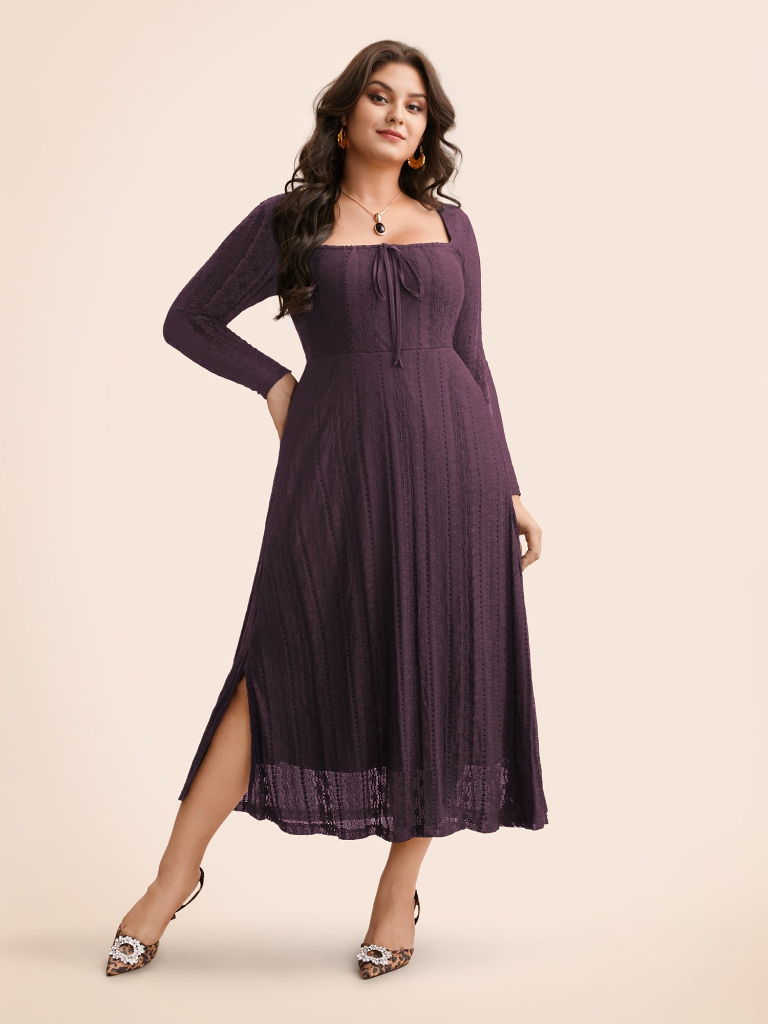 Lace Panel Square Neck Tie Knot Dress - Image 16