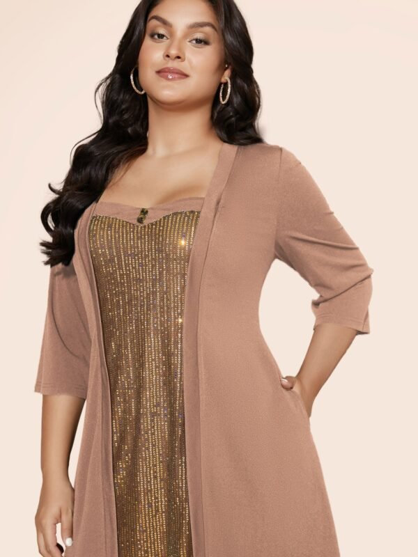Heart Neckline Patchwork Sequin Button Detail Dress - Image 51