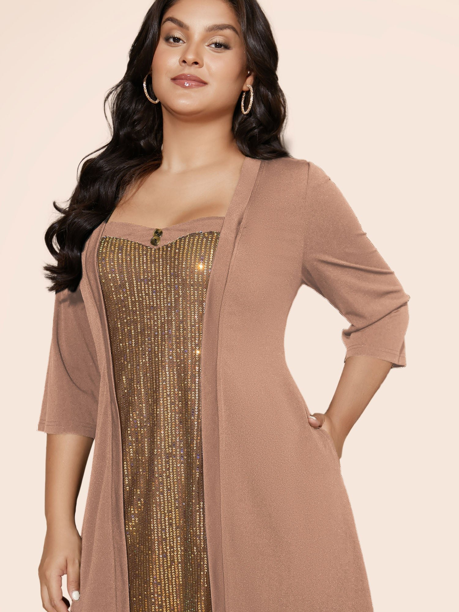 Heart Neckline Patchwork Sequin Button Detail Dress - Image 51