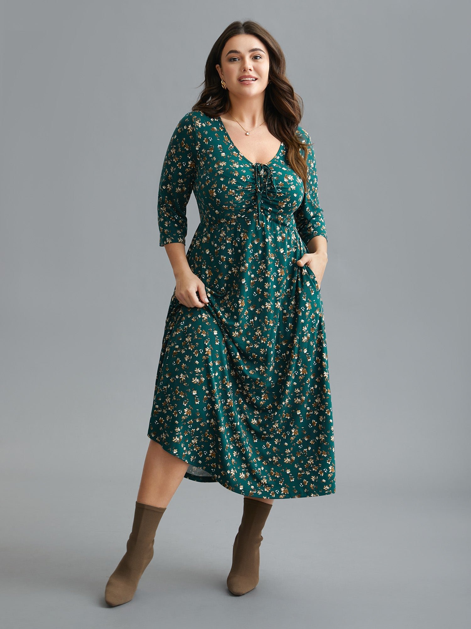 Ditsy Floral Chest Drawstring Midi Dress - Image 3