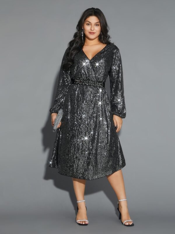 Solid Pocket Lantern Sleeve Wrap Sequin Dress - Image 10