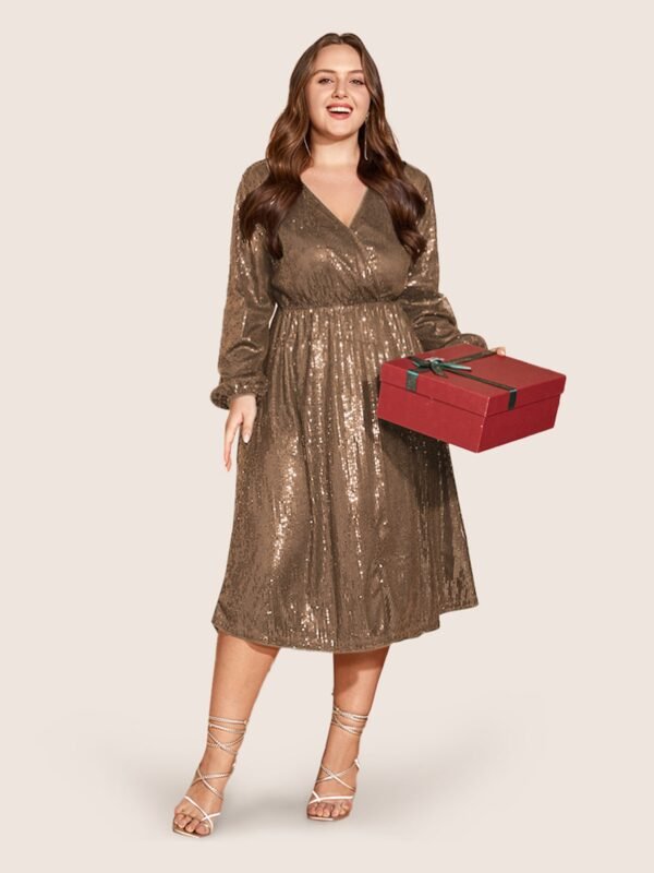 Solid Pocket Lantern Sleeve Wrap Sequin Dress - Image 30