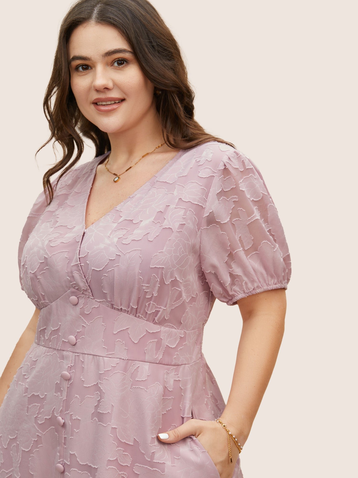 Solid Textured Lantern Sleeve Button Detail Dress - Image 15