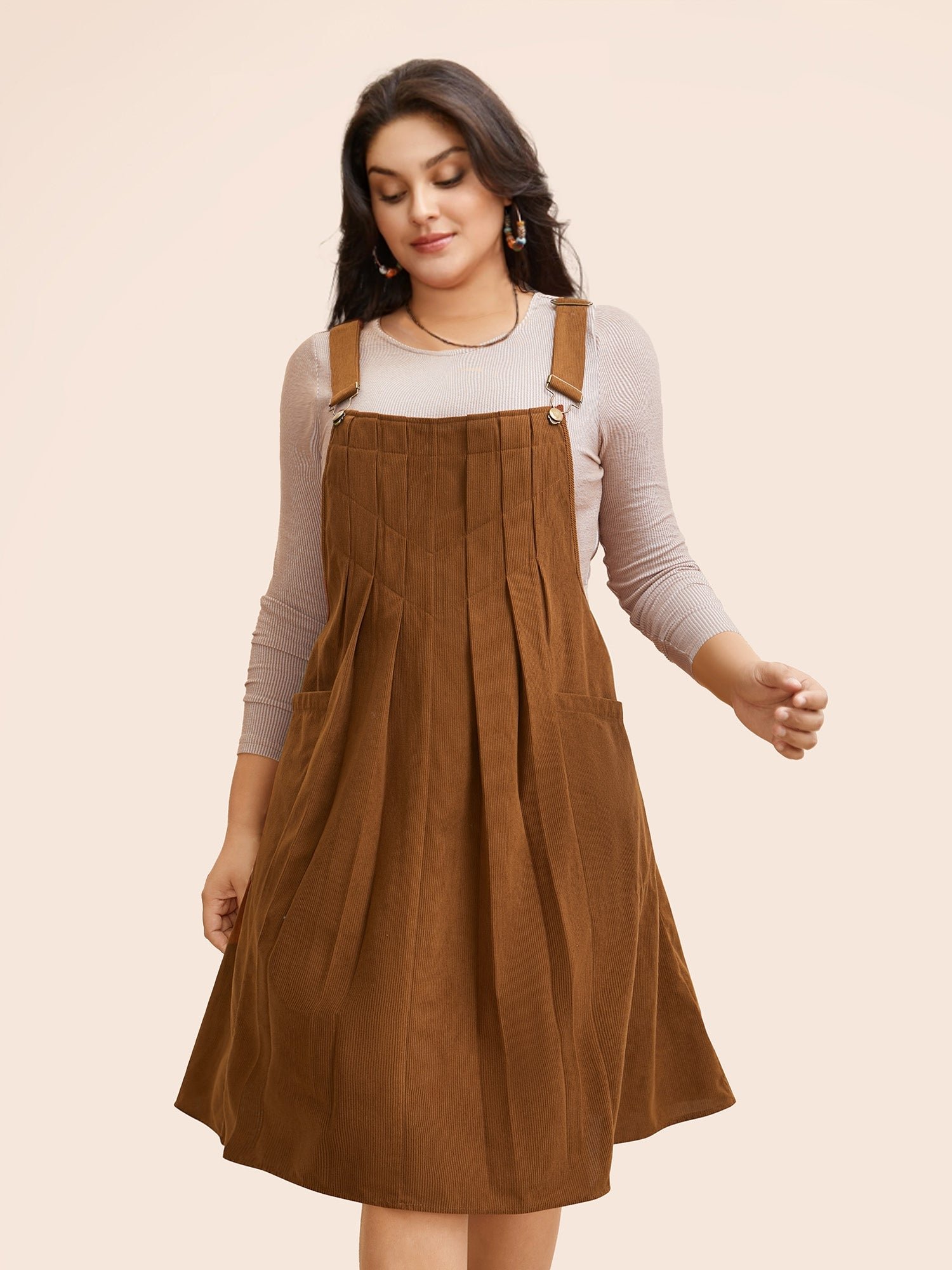 Solid Corduroy Pleated Overall Dress - Image 6
