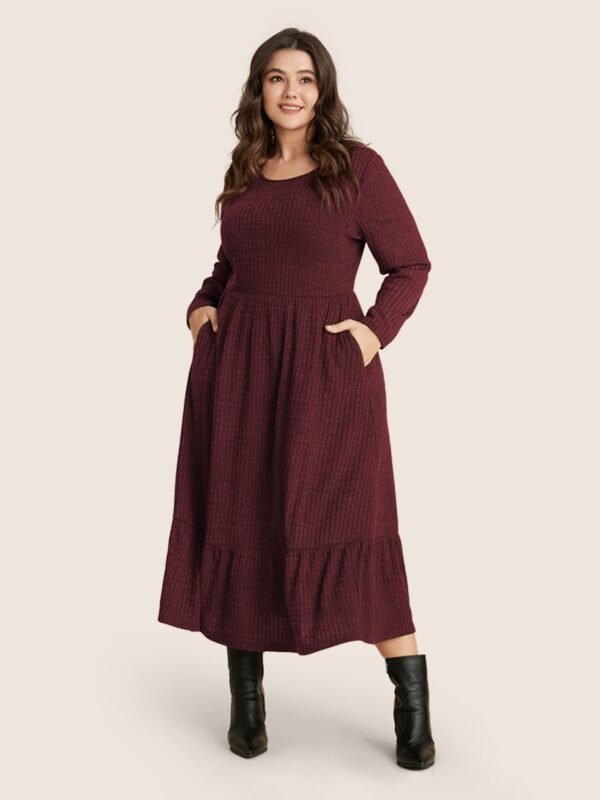 Solid Pocket Rib Knit Ruffle Hem Dress Without Belt - Image 13