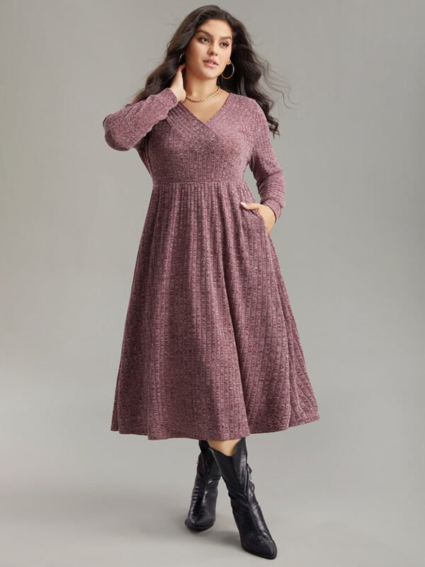 Rib Knit Plain Plisse Long Sleeve Dress - Image 18