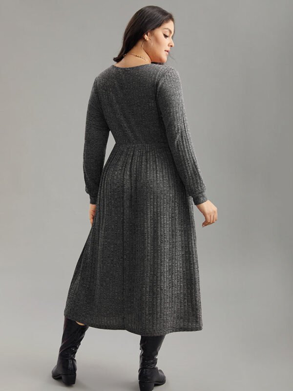 Rib Knit Plain Plisse Long Sleeve Dress - Image 4
