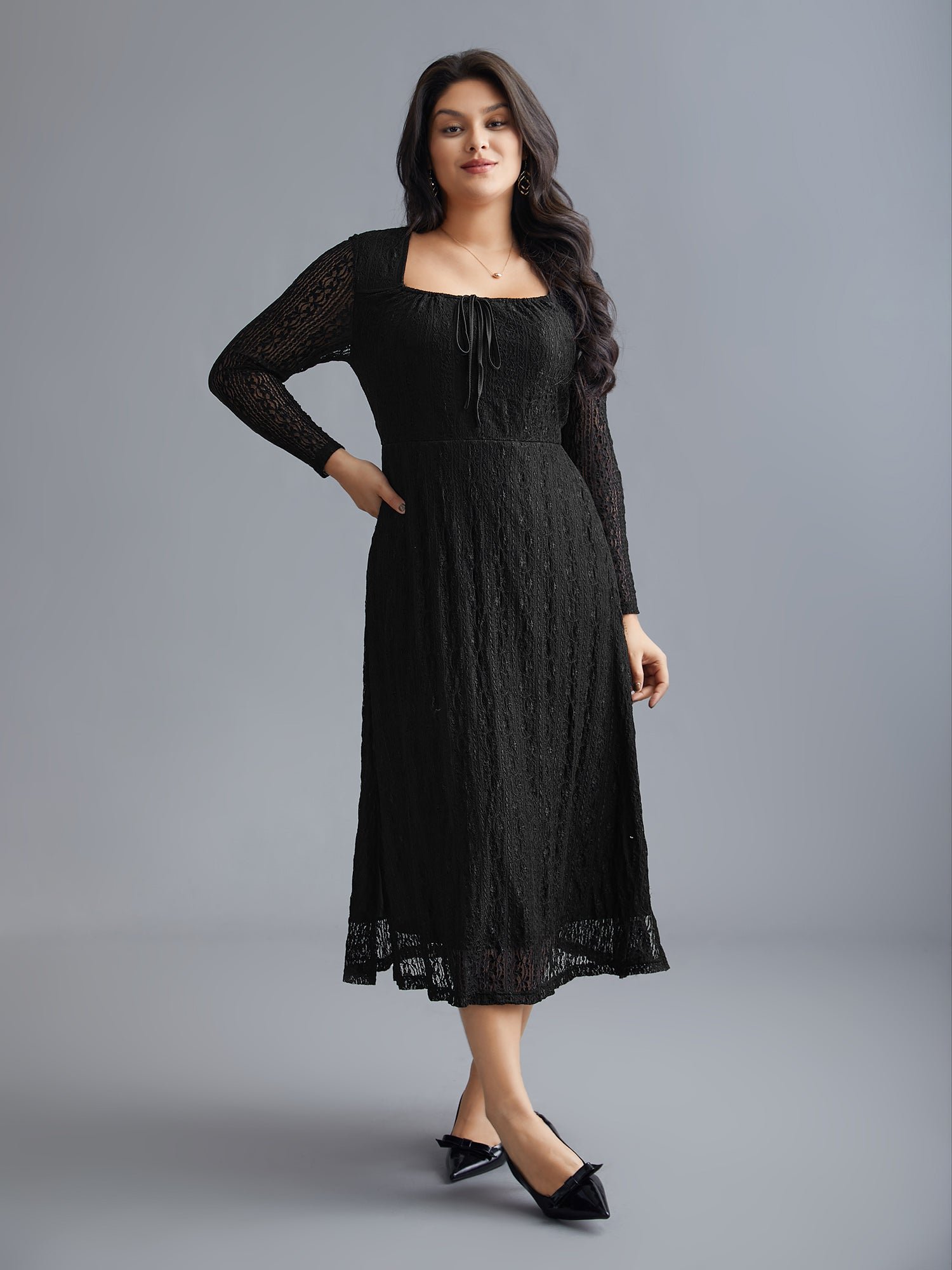 Lace Panel Square Neck Tie Knot Dress - Image 4