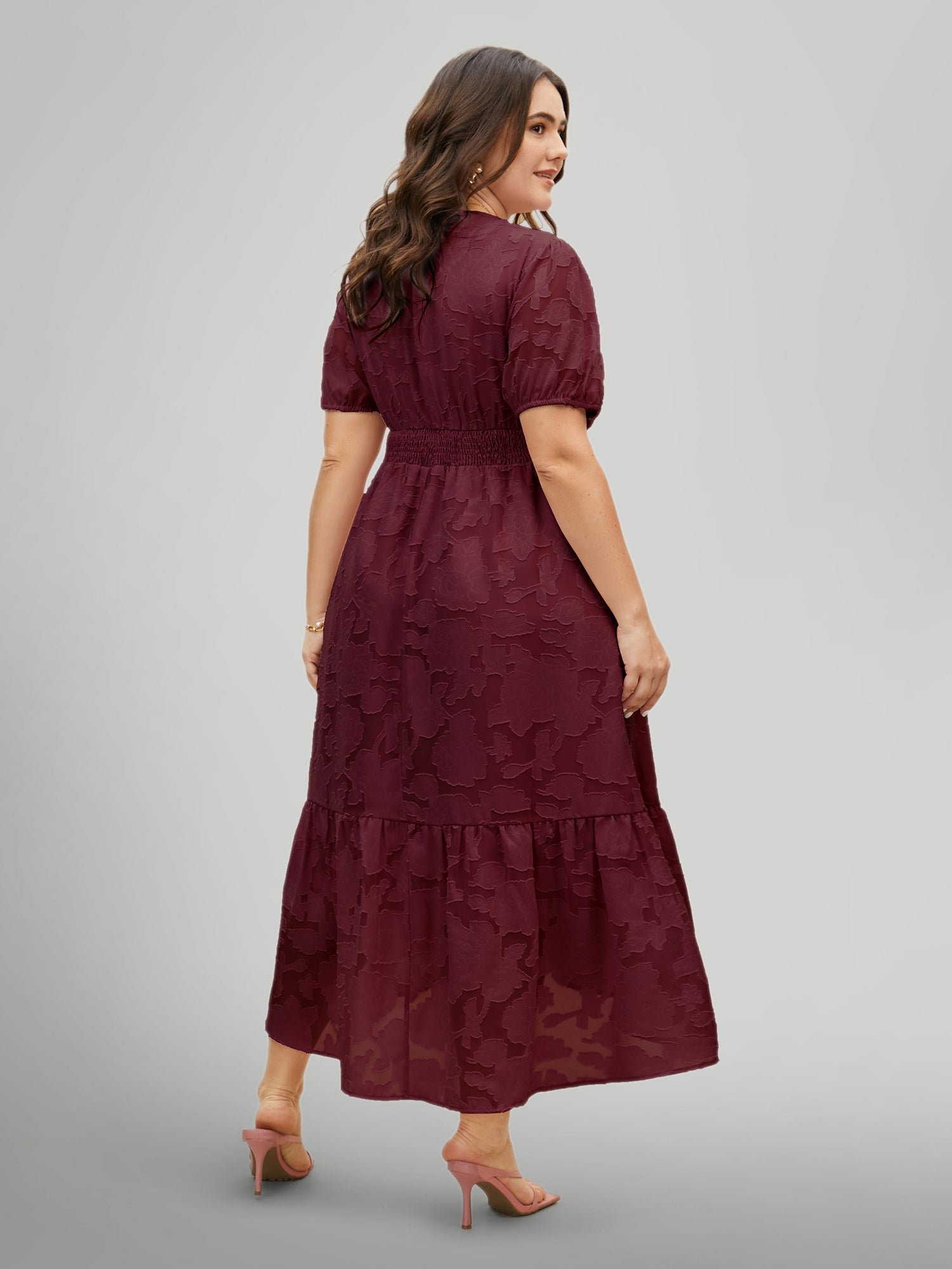 Solid Textured Lantern Sleeve Button Detail Dress - Image 4