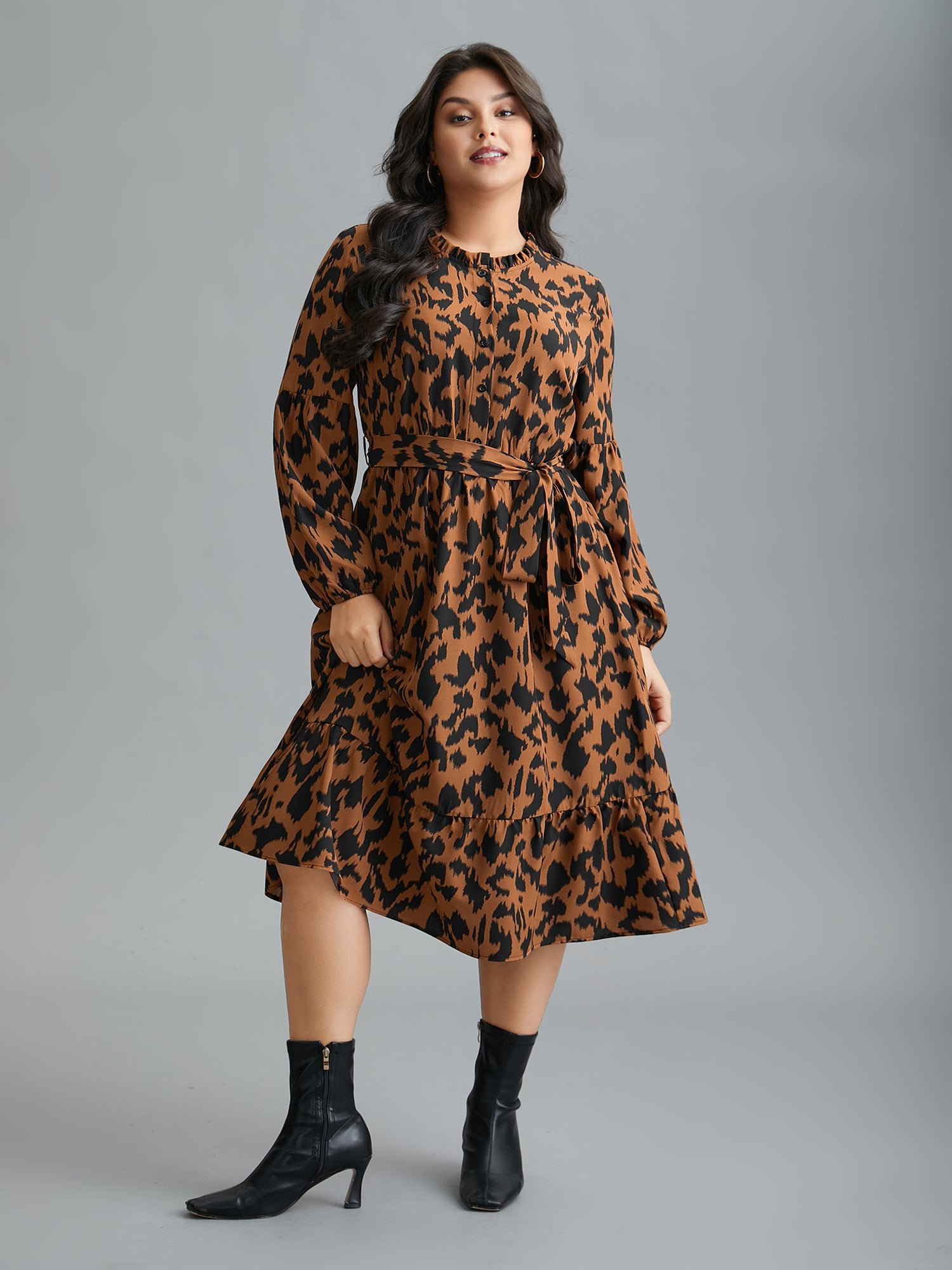 Leopard Print Stretchy Waist Belted Dress - Image 2