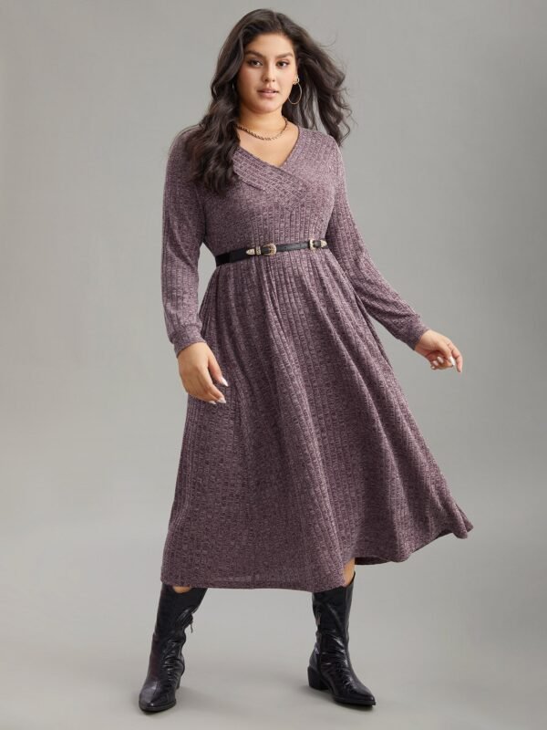 Rib Knit Plain Plisse Long Sleeve Dress - Image 53