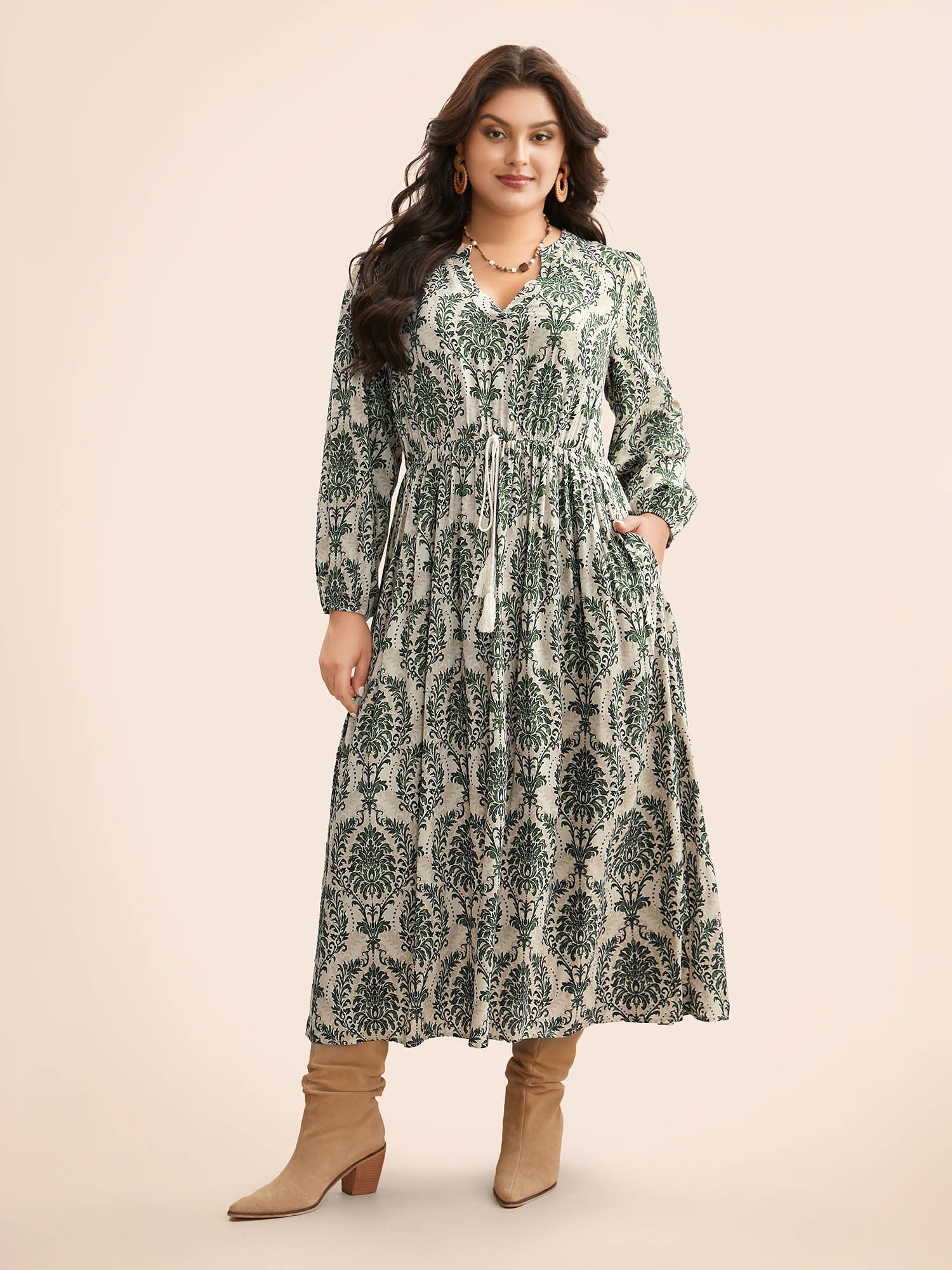Boho Print Notched Tie Knot Maxi Dress - Image 15