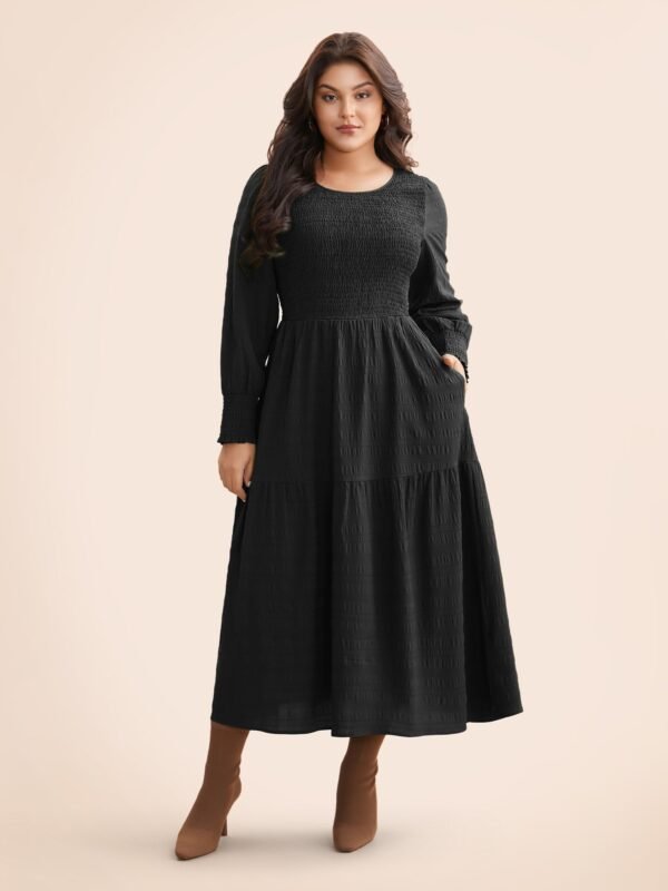 Plain Textured Shirred Midi Dress - Image 19