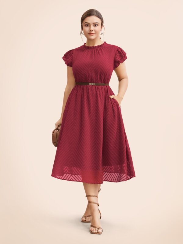 Plain Geometric Layered Sleeve Pocket Ruffle Mock Neck Dress - Image 20