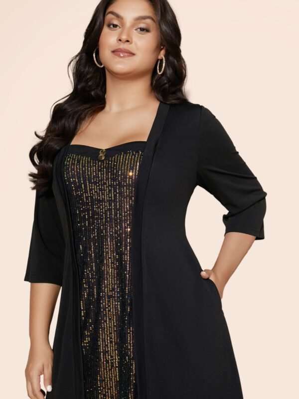 Heart Neckline Patchwork Sequin Button Detail Dress - Image 2