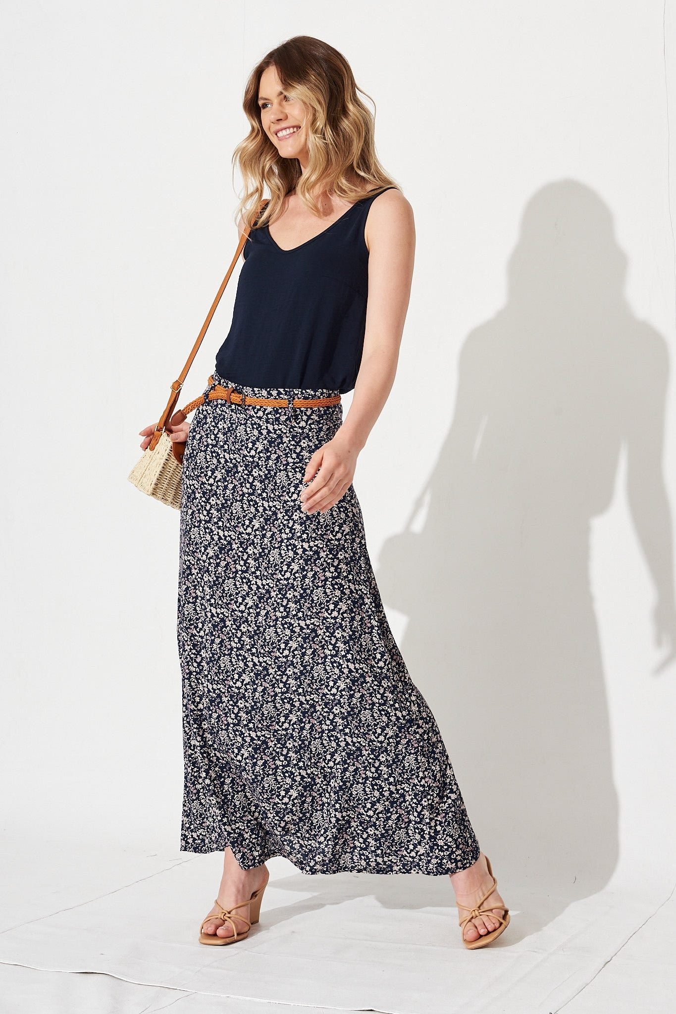 Maxi Skirt In Navy With White Floral