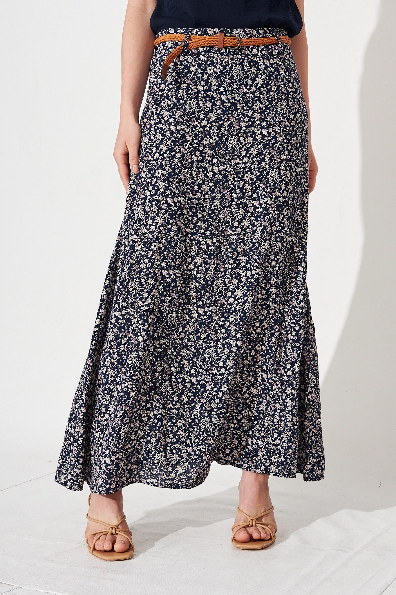 Maxi Skirt In Navy With White Floral - Image 2
