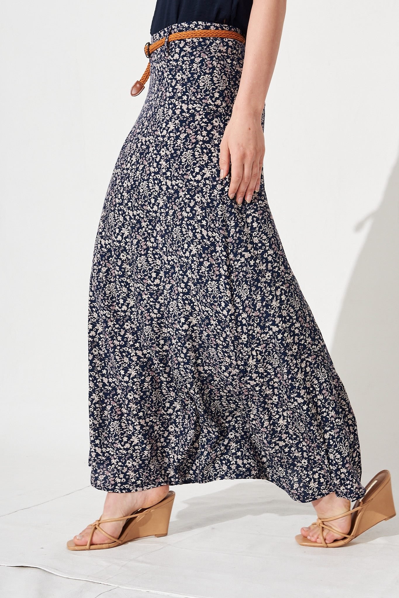 Maxi Skirt In Navy With White Floral - Image 3