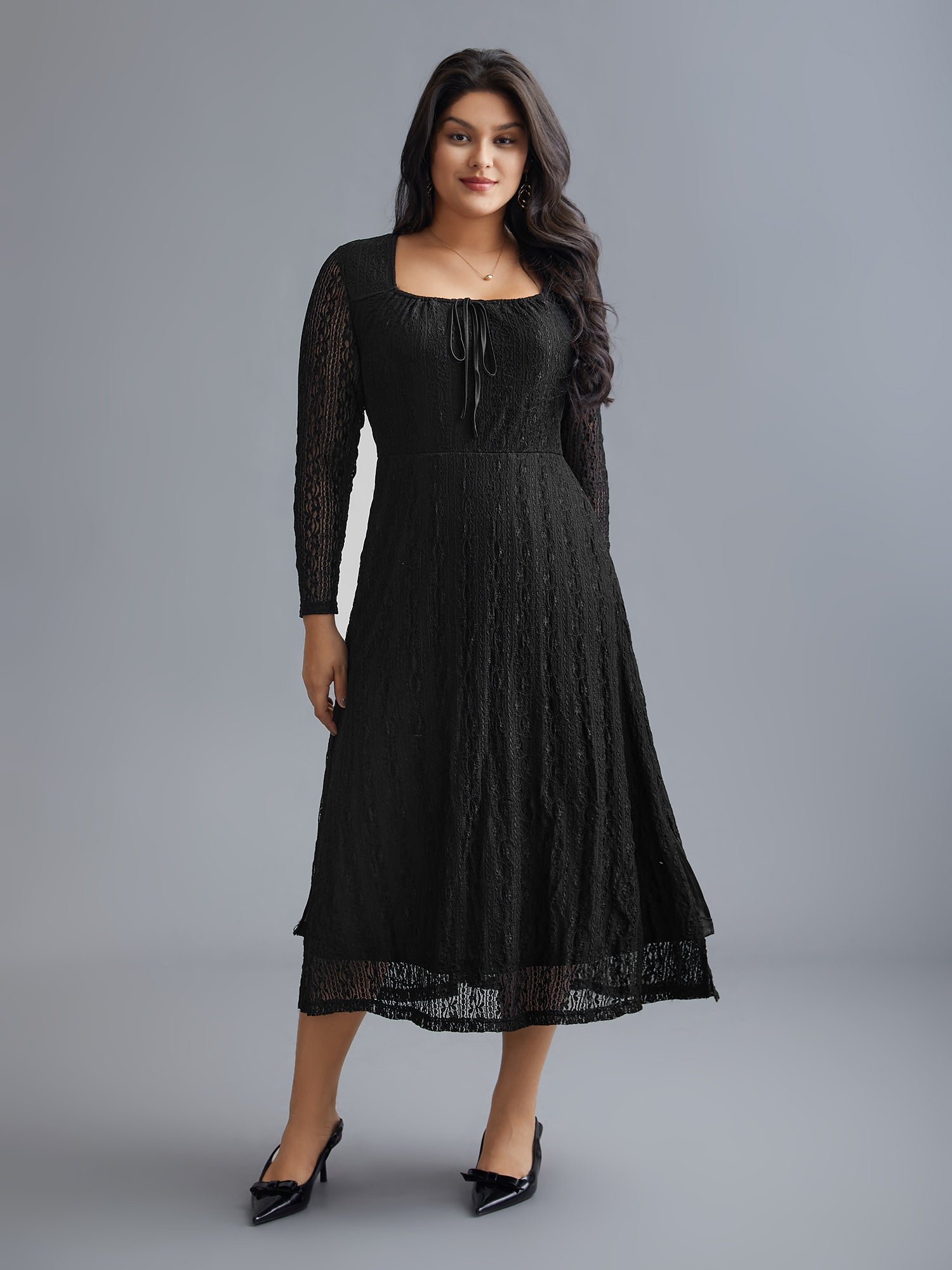 Lace Panel Square Neck Tie Knot Dress - Image 3
