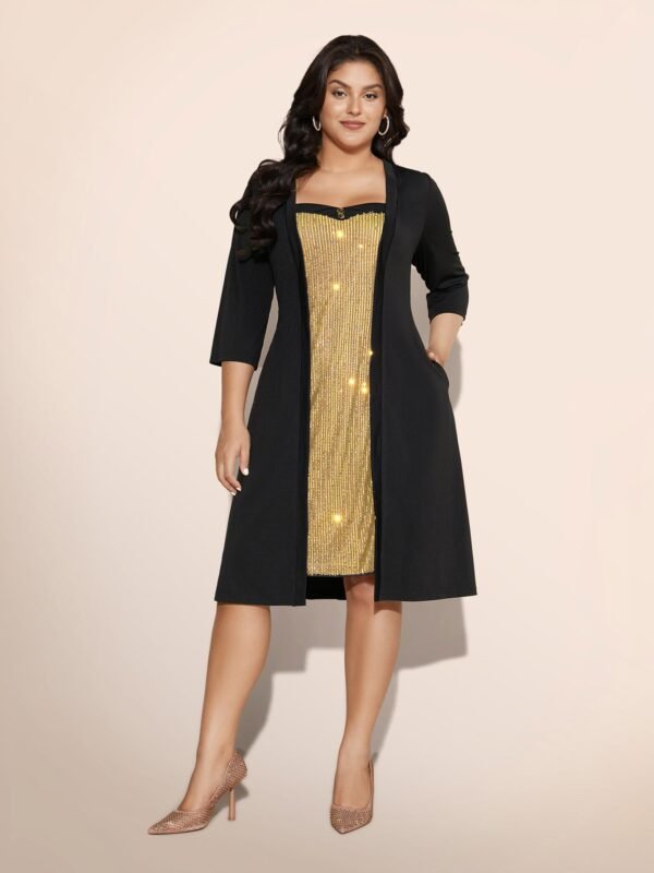 Heart Neckline Patchwork Sequin Button Detail Dress - Image 42