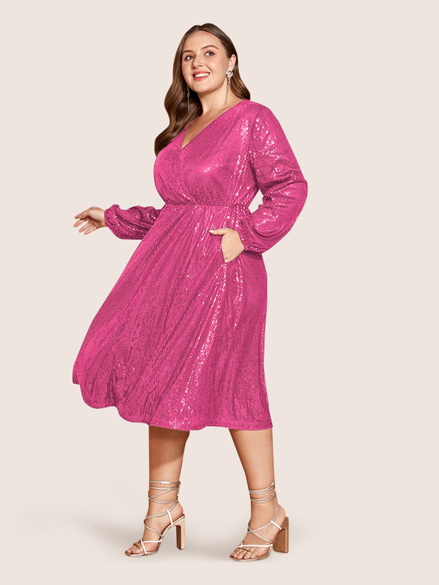 Solid Pocket Lantern Sleeve Wrap Sequin Dress - Image 39