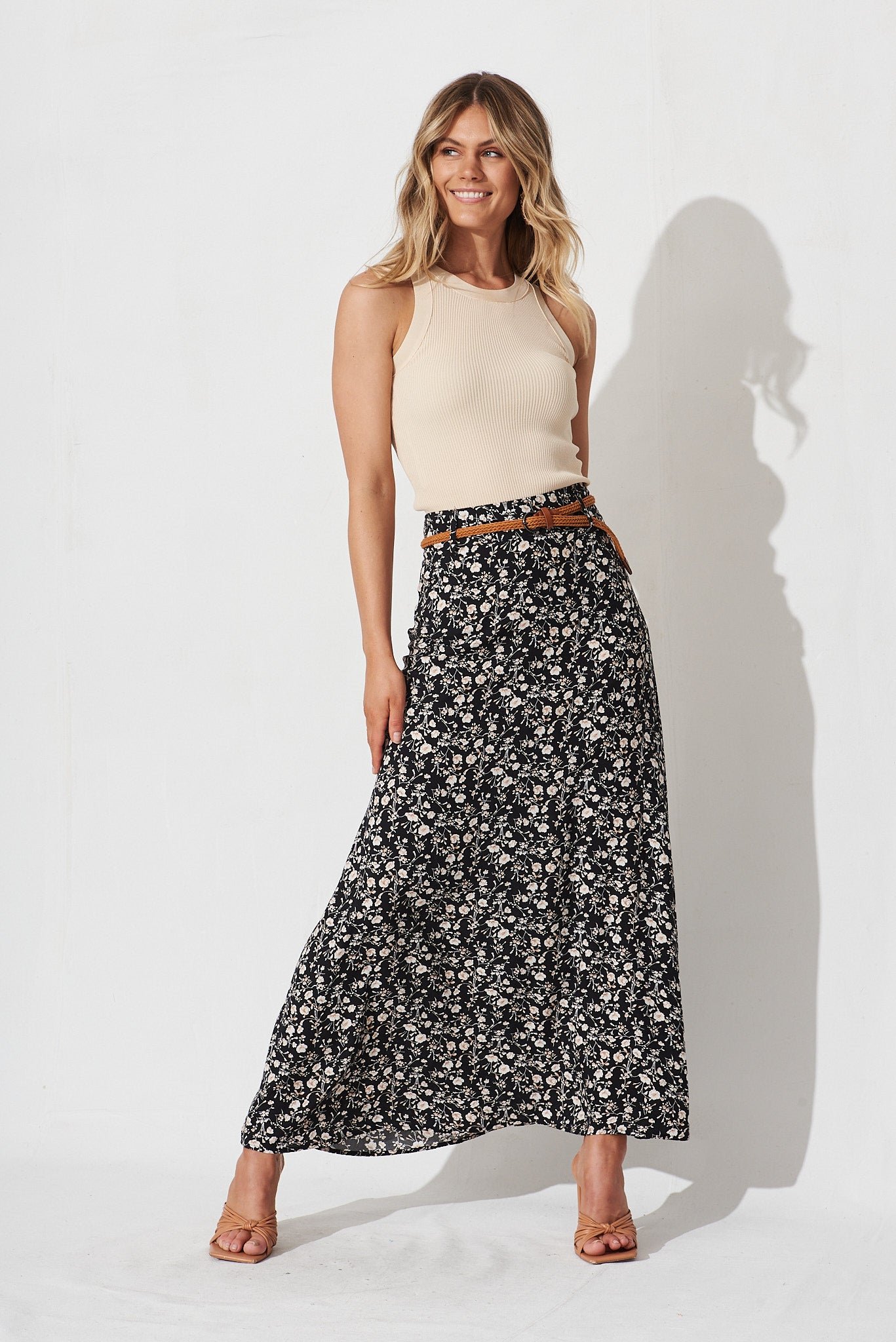 Maxi Skirt In Black With White Floral