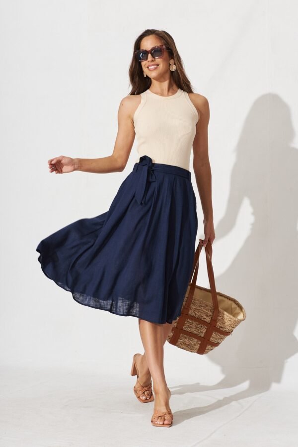 Midi Skirt In Navy Linen - Image 3