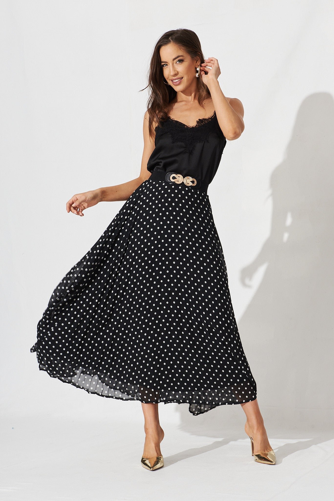 Midi Pleat Skirt In Black With White Spot Chiffon