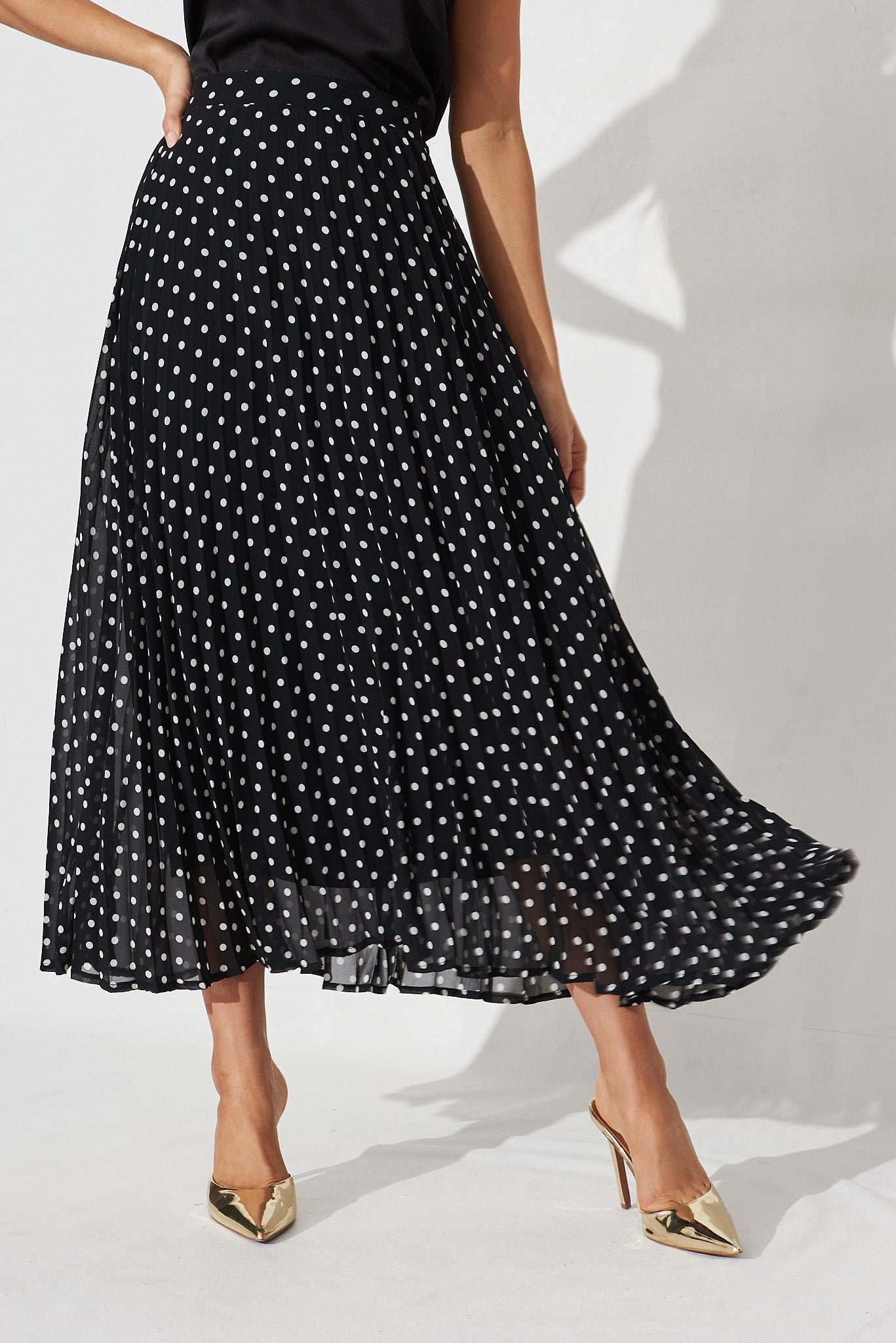 Midi Pleat Skirt In Black With White Spot Chiffon - Image 2