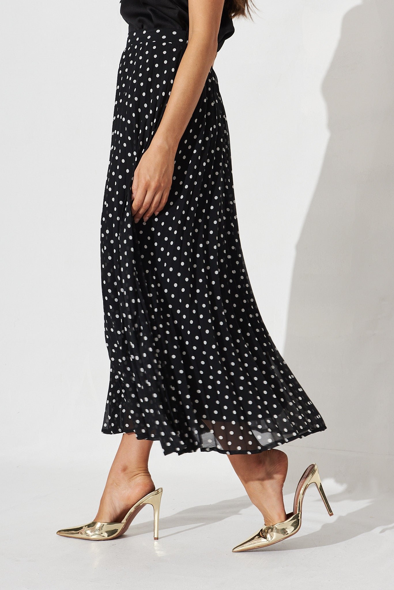 Midi Pleat Skirt In Black With White Spot Chiffon - Image 3