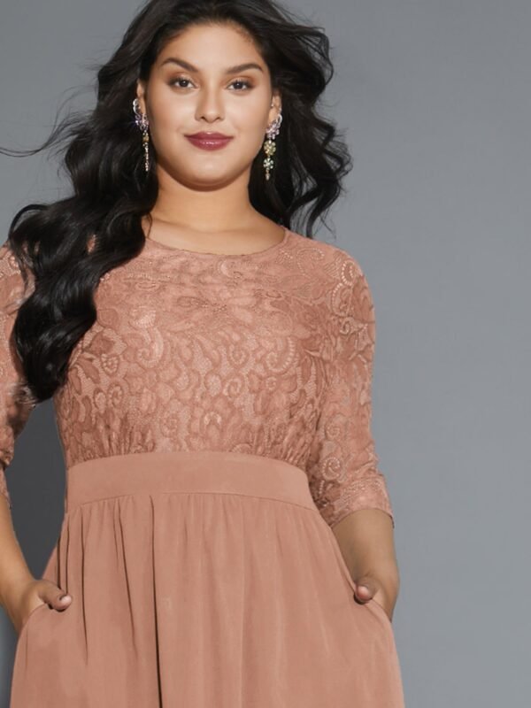 Lace Patchwork Shirred Midi Pocket Dress - Image 45