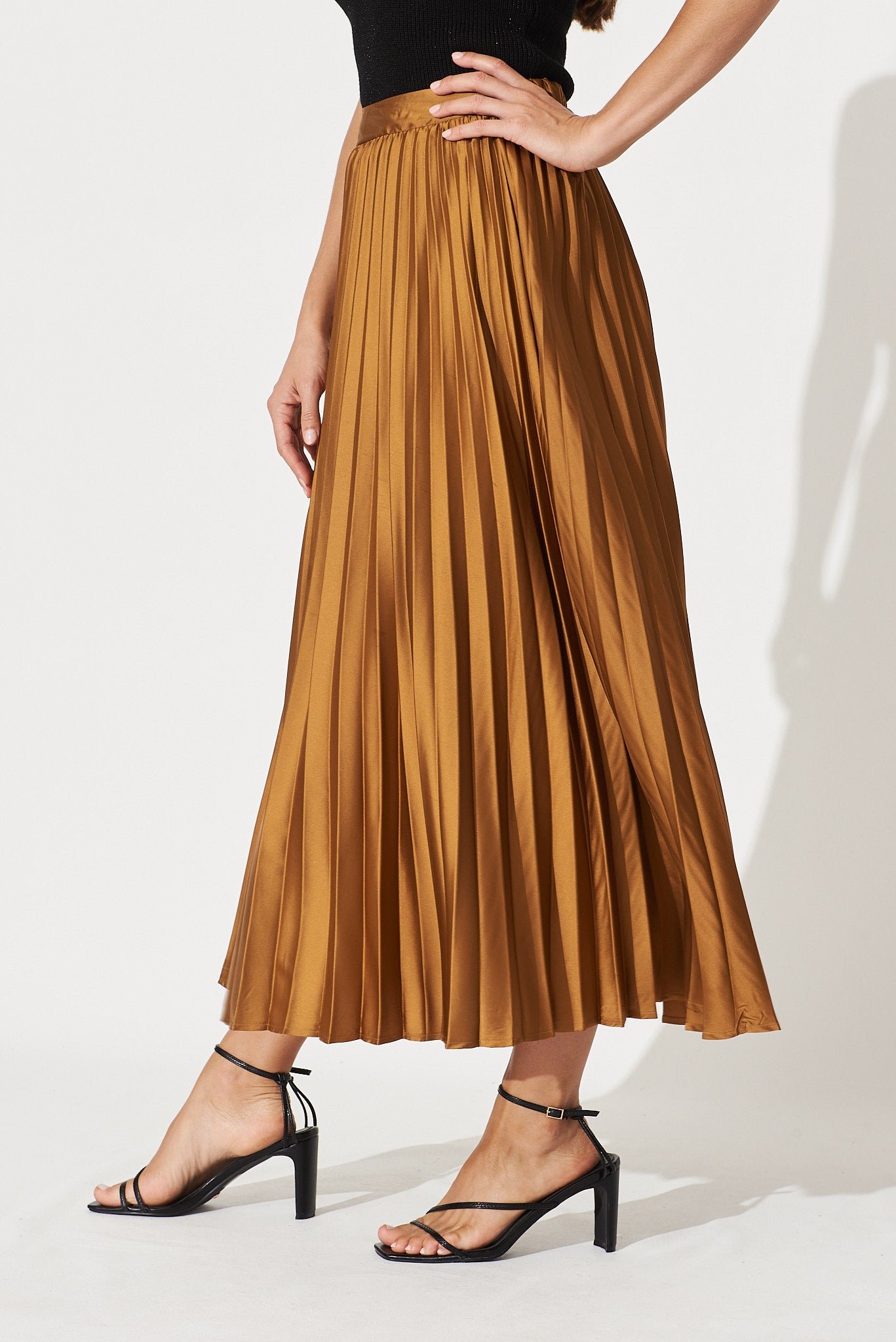 Midi Pleat Skirt In Bronze Satin - Image 4