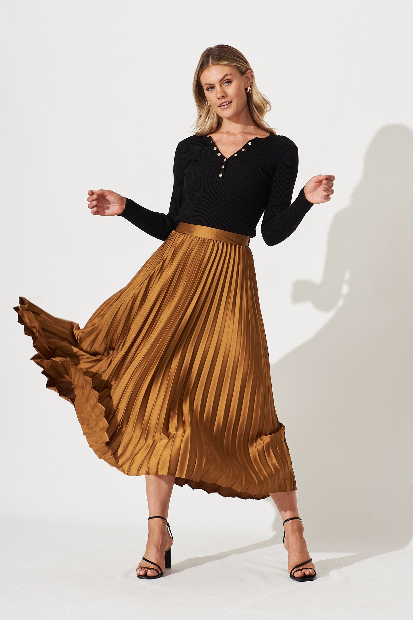 Midi Pleat Skirt In Bronze Satin - Image 8