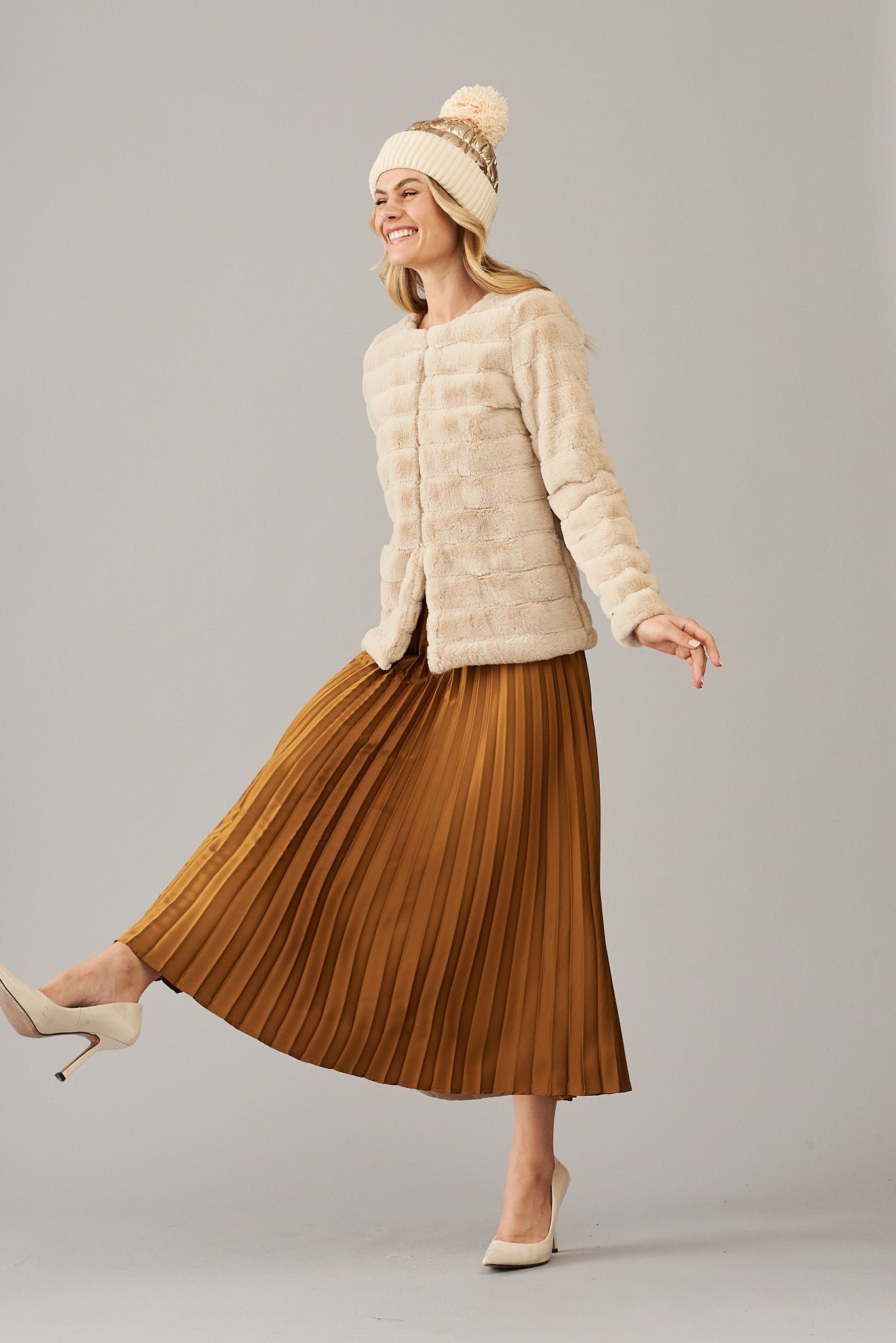 Midi Pleat Skirt In Bronze Satin - Image 7
