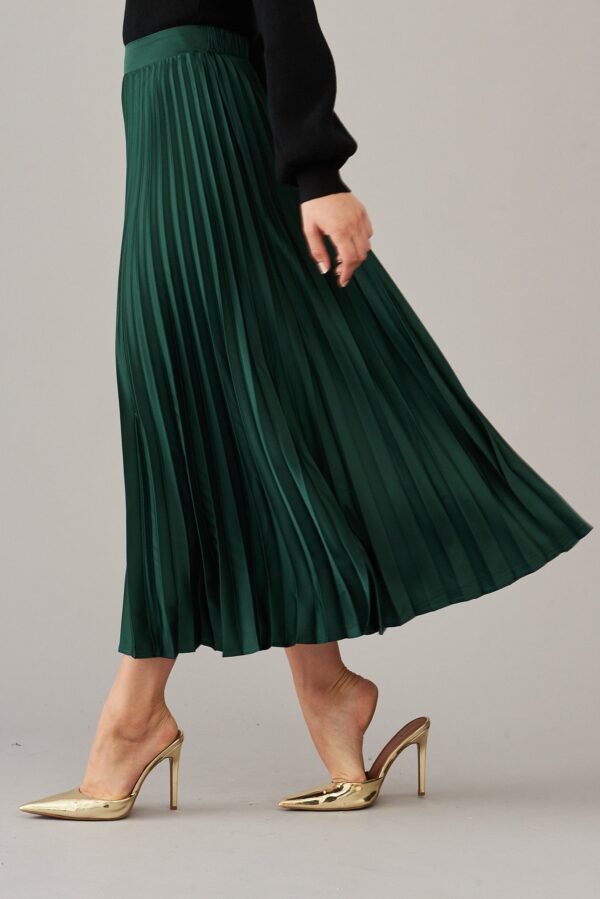 Midi Pleat Skirt In Emerald Satin - Image 8