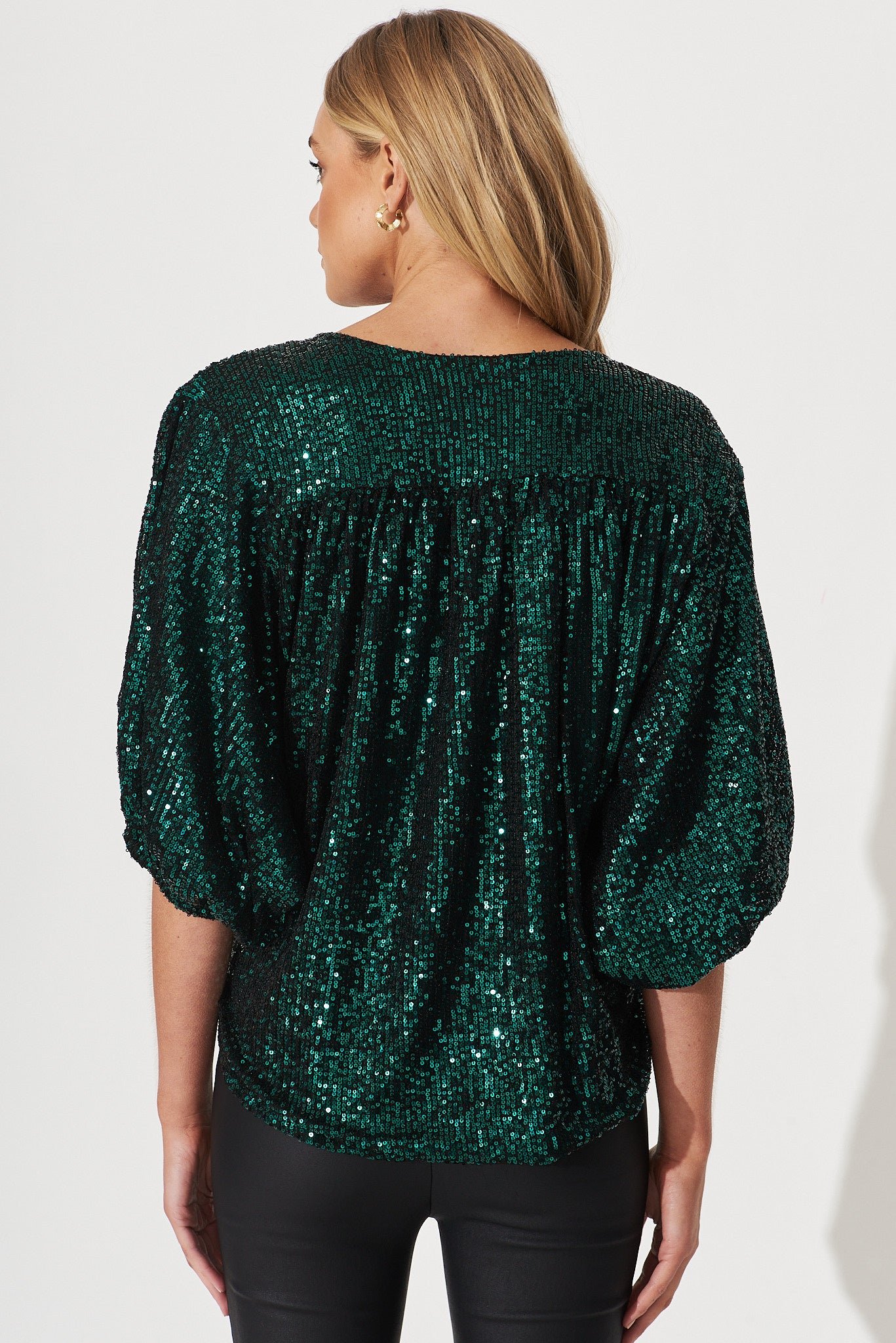 Sequin Mock Wrap Top In Green - Image 4